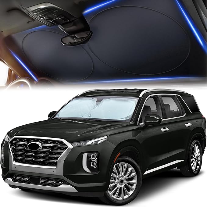 Windshield Sun Shade for Car, SUV & Truck – Patented Design Blocks 99% UV Rays & Heat | 240T Reflective Polyester Sunshade with Storage Bag | Keeps Vehicle Interior Cool | Universal Fit L(64" x 34")
