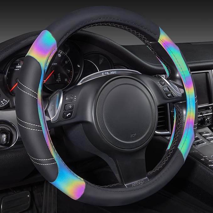 CAR PASS Line Rider Microfiber 15.5-16 Inch Leather Sporty Steering Wheel Cover Universal Fits for 95% Truck,SUV,Pickup, Anti-Slip Safety Comfortable Desgin (Black Reflective)