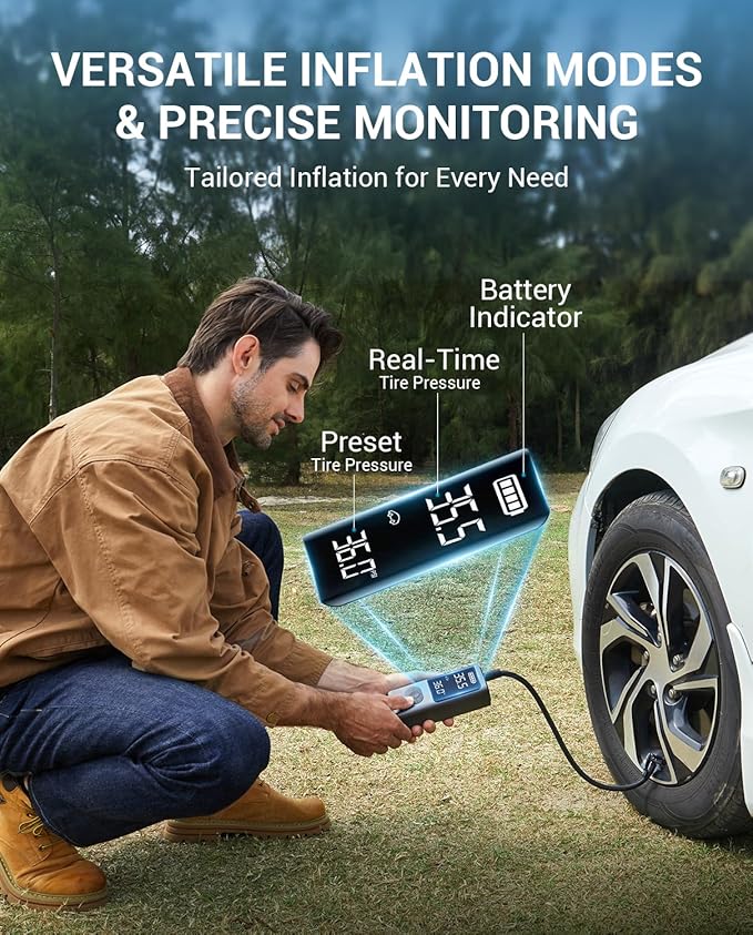 AVAPOW Tire Inflator Portable Air Compressor, 150 PSI Cordless Car Tire Air Pump with Pressure Gauge, 3.7″ LCD Screen, Auto-Shuts Off Tire Pump for Car, Motorcycle, Bike, Balls