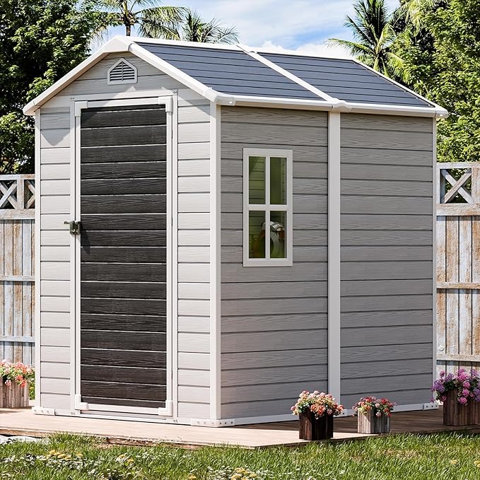 6x4 FT Resin Storage Shed for Outdoor, Waterproof Plastic Sheds with Floor Window Door Inlcuded, Outside Tool Storage for Garden Backyard Patio Lawn, Gray