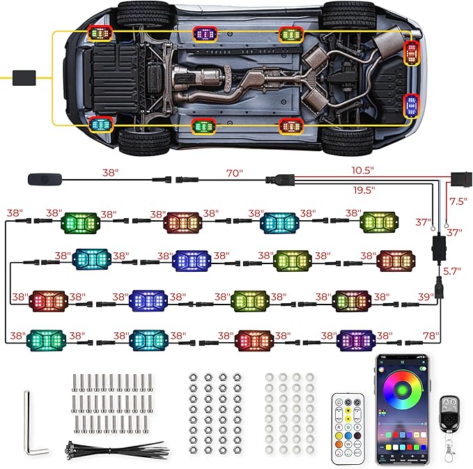 16 Pods 336 LEDs 5 Sides RGB Rock Lights, App/Remote Control Rock Lights for Trucks, Waterproof Multi-Color Bright Underglow Kits with Music Mode, Compatible with 12V Jeep UTV SUV ATV Golf RZR