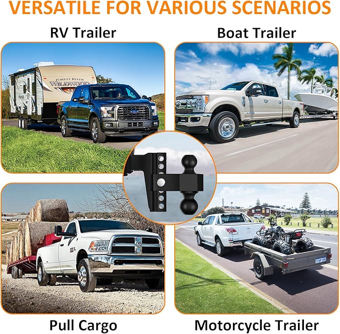 Adjustable Trailer Hitch-Drop Hitch Fits 2.5-Inch Receiver -6" Drop/Rise Tow Hitch with 2" and 2-5/16" Tow Balls-18,500GTW with Double Anti-Theft Pins Locks (Black+Black)