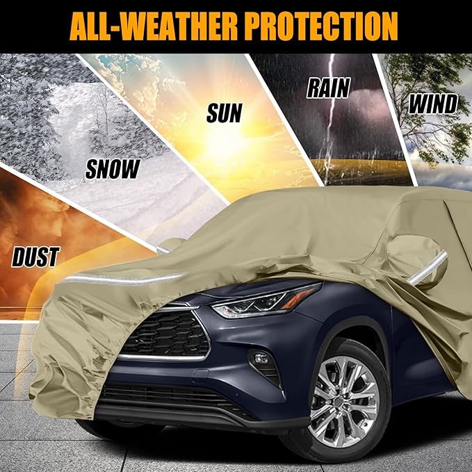 Waterproof Car Covers Replace for 2008-2025 Toyota Highlander, Multilayer Heavy Duty with Cotton Liner All Weather Car Cover with Zipper Door, Windproof Bands for Snow Rain Dust Protection