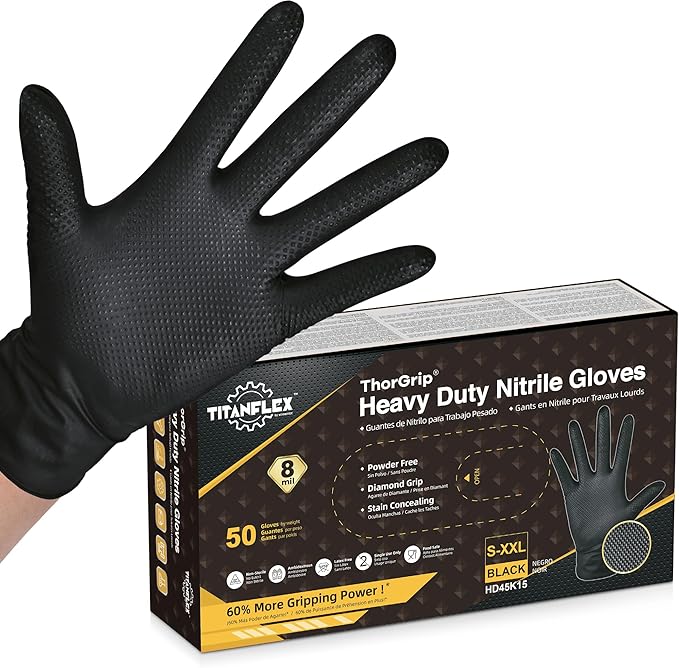 TitanFlex Thor Grip Heavy Duty Black Industrial Nitrile Gloves with Raised Diamond Texture, 8-mil, Latex Free