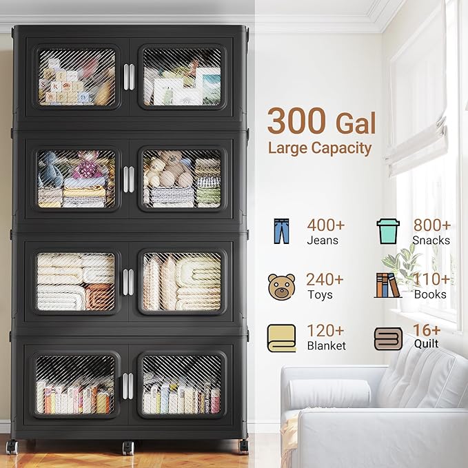 1200 Qt Stackable Storage Bin with Lid, 300Gal Extra Large Collapsible Storage Boxes, Folding Plastic Drawer, Heavy-Duty Store Cabinet, Closet Organizer for Home Kitchen, 4 Pack Black