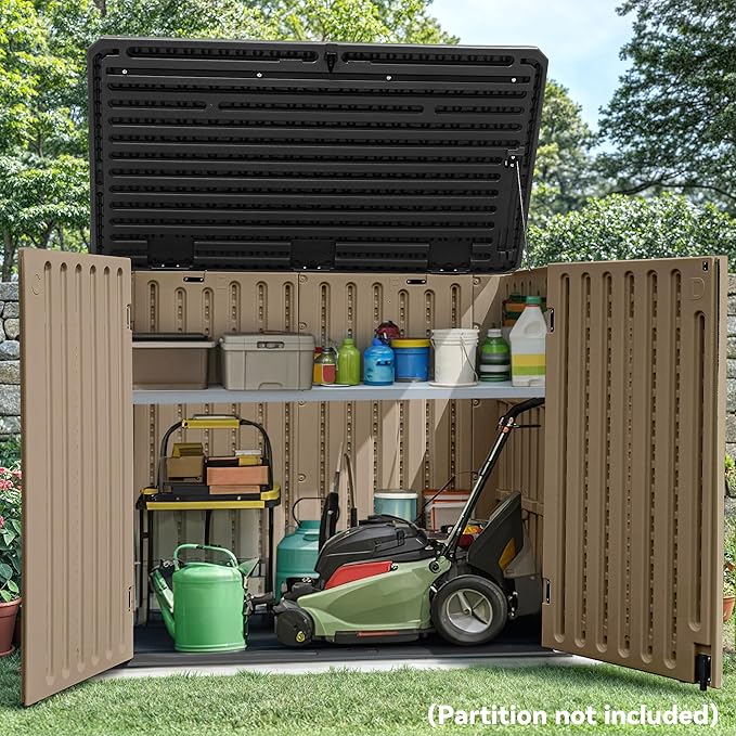 YITAHOME Extra Large Outdoor Horizontal Storage Shed, 4.5x4ft Resin Tool Sheds w/o Shelf, Easy to Assemble Waterproof Storage for Trash Cans, Garden Tools, Lawn Mower, Lockable, Brown