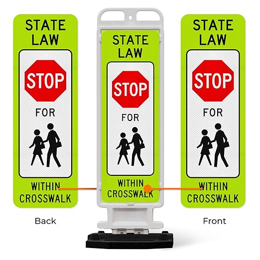 State Law Stop for Pedestrian in Crosswalk MUTCD R1-6a Sign, Double Sided 3M Engineer Grade Reflective, Portable Rubber Base, Impact Resistant Plastic Frame
