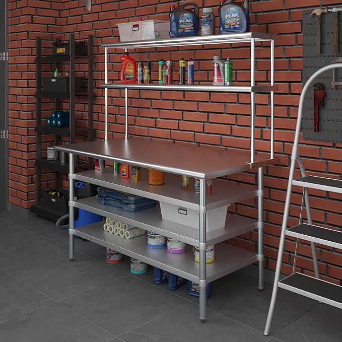 Amgood 30" x 60" Stainless Steel Work Table with 3 Shelves and 12" Wide Double Tier Overshelf | Metal Kitchen Prep Table & Shelving Combo | NSF