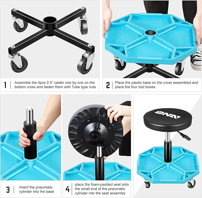 DNA MOTORING Adjustable Height Pneumatic Garage Seat Rolling Mechanic Stool with Tool Tray Storage,300lbs Max Weight Capacity, Blue,TOOLS-00480