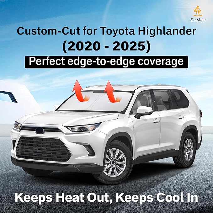 Econour Windshield Sun Shade for Toyota Highlander 2020-2025 Window Sun Visor Protector Sun Cover Foldable Blocks UV Rays Keep Your Car Cooler