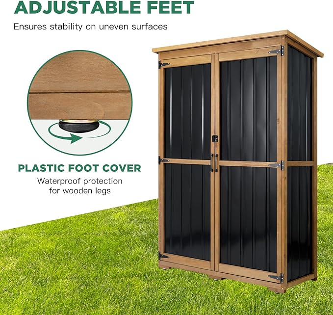 Outdoor Storage Cabinet Waterproof with Shelves, Outdoor Storage Shed Garage Cabinet Weatherproof, Wood & Metal Outside Patio Backyard Garden Pool Storage Tool Organizer