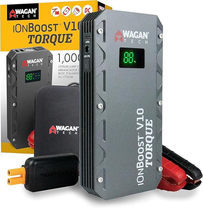 Wagan EL7507 Jump Starter iOnBoost V10 Torque 1000Amp Peak 12V Portable Lithium Car Battery Up to 7.8L V10 or 6.7L Diesel, 12V Jump Pack with Built-in LED Bright Light, UL Certified