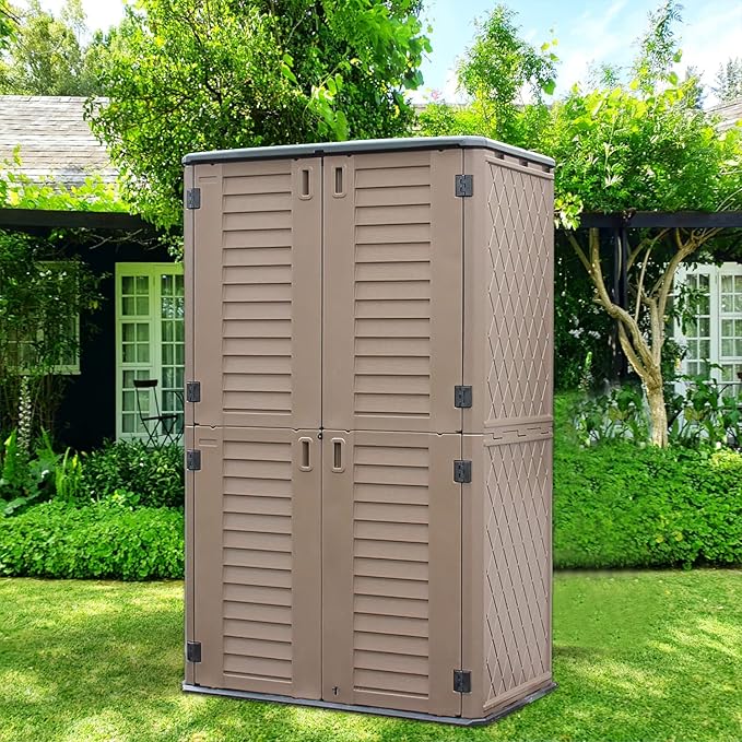 ADDOK Outdoor Storage Sheds Waterproof,Resin Outdoor Storage Cabinet Lockable, Double-Layer Storage Shed for Patios/Generator/Long-Handled Tools