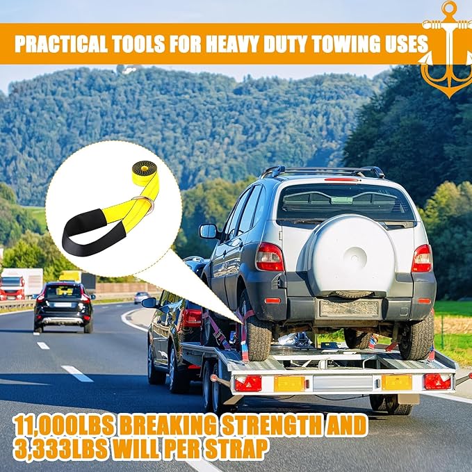 8Pack 2" X 10 ft Tow Truck Straps Lasso Wheel Lift Straps Lasso Tow Strap with D Ring 11, 000 Lbs Break Strength Auto Tie Down Auto Hauler for Trailer Truck Tie(Yellow)