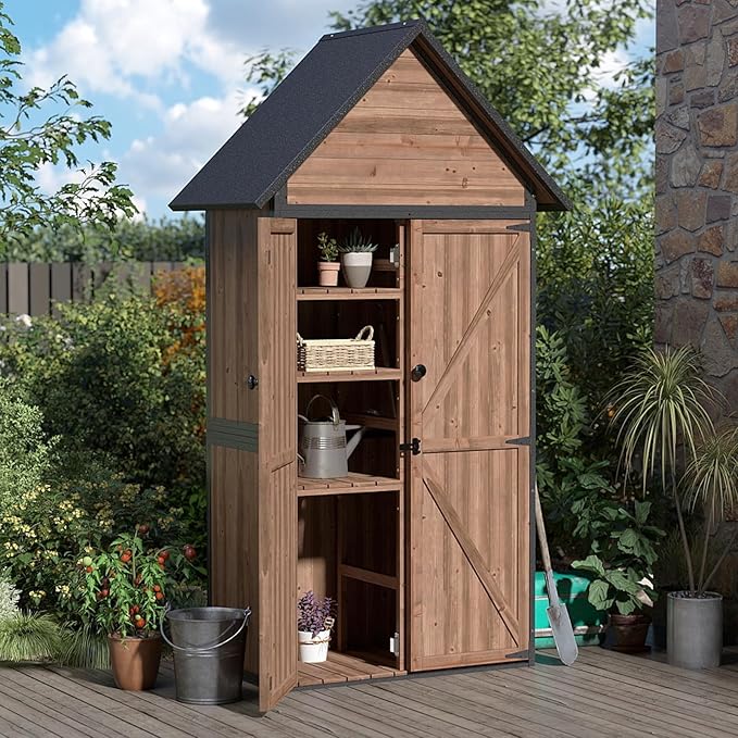 Outdoor Storage Shed with Waterproof Roof - Heavy-Duty Metal & Wood Garden Cabinet, Adjustable Shelves, Large Capacity Waterproof Design for Patio, Garage, Backyard (Dark Brown)