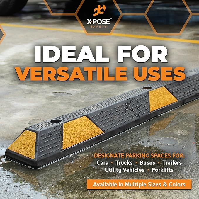 Xpose Safety 48" Heavy Duty Rubber Parking Stopper – 1 Pack Wheel Blocks for Garage, Driveway, or Ramp – Car Bumper Stop with Yellow Reflective Strips – Removable Floor Mount