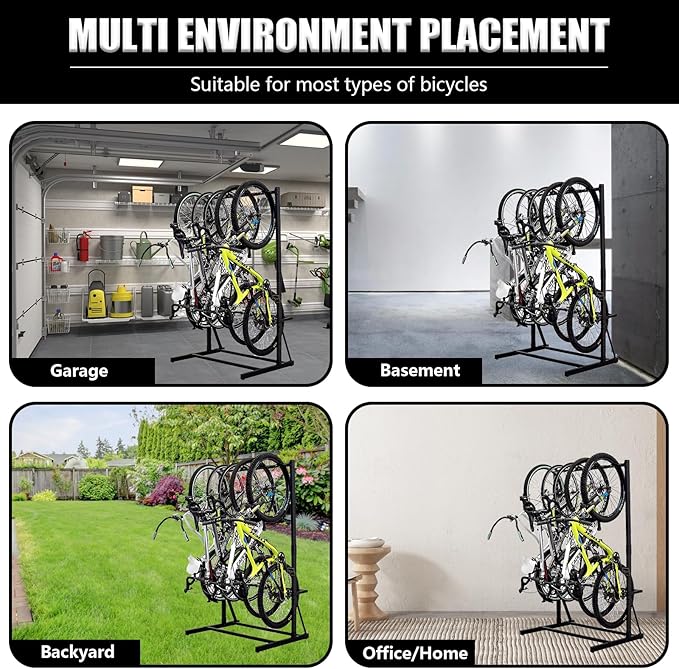 Upright Bike Stand, 5-Bike Stand Rack, Indoor Bike Storage Standing Bike - Garage Organizer - Freestanding Bicycle Rack with 5 Hanging Hook - Vertical & Horizontal Hangersfor Home