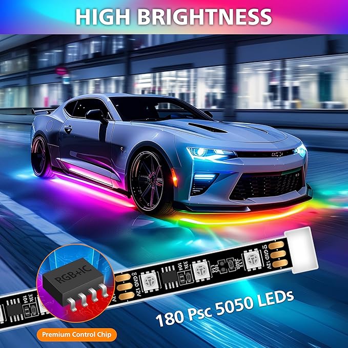 Underglow LED Lights for Cars 180 LEDs RGBI Neon Accent Strip Lights with App 16 Million Colors DIY & Music Mode Underbody Exterior Lights Kit for RV SUV Truck Boat 12V