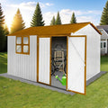 10 x 8 FT Outdoor Storage Shed, Metal Garden Tool Shed with Slooping Roof, Lockable Doors and Windows, Easy to Assemble for Garden, Patio, Lawn, White+Yellow