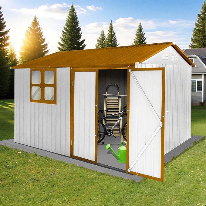 10 x 8 FT Outdoor Storage Shed, Metal Garden Tool Shed with Slooping Roof, Lockable Doors and Windows, Easy to Assemble for Garden, Patio, Lawn, White+Yellow
