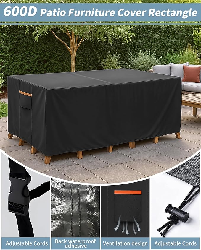 Outdoor Waterproof Furniture Cover, 136W x 74L x 28H inches Heavy Duty 600D Rectangular Table and Chair Set Protection, Black