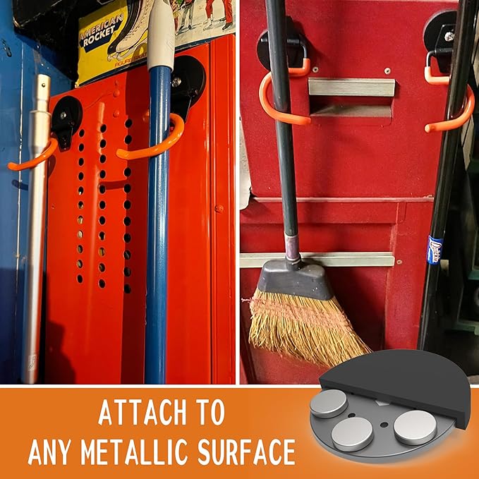 ULIBERMAGNET Magnetic Mop Broom Holder,Heavy Duty Movable Magnetic Tools Holder,Anti-Slip Strong Metal Hooks Mop Shovel Hanger for Garage, Kitchen, Laundry, Garden(2 Pack/Orange)