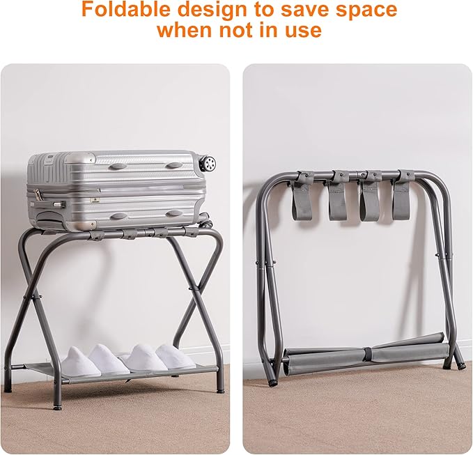 Heybly Luggage Rack, Steel Folding Suitcase Stand with Storage Shelf for Bedroom, Hotel, Foldable Steel Frame, Guest Room Bedroom Hotel, 22.8" L x 11.8" W x 20.9" H, Gray HLR004G1