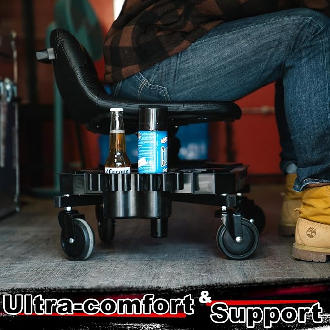Rolling Stool with Wheels, Adjustable Height Pneumatic Garage Work Mechanic Stool Seat with Backrest, 400 LBS Capacity 360° Swivel Mechanic Crepper Chair with Tool Tray Storage, Black