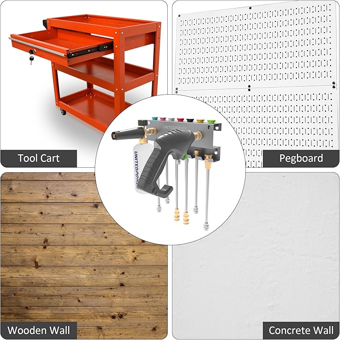 UNITEDPOWER Pressure Washer Gun Holder，Wall Mount Foam Cannon Holder，Tool Storage Rack for Pressure Washer Wand/Nozzle Tips, Car Wash Accessories Organizer, Silver
