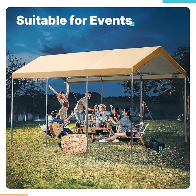 Carport Replacement Canopy Cover for 12' x 20' Car Tent Top Garage Shelter Cover Tarp with Ball Bungees (Only Top Cover, Frame Not Include) (Beige, 12' x 20')