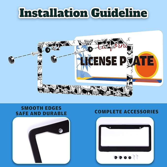 Skull License Plate Frame Black White Skeleton Stainless Steel License Plate Holder for Front or Rear Car Tags Funny for Car Decoration Accessories with Screws 6.3 X 12.2 in for Women Men