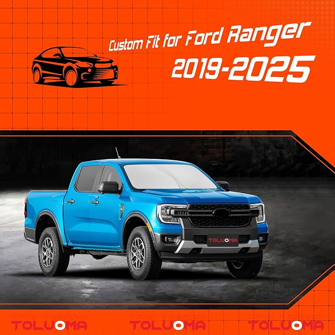Custom Fit Windshield Sun Shade for Ford Ranger 2019-2025 - Full Coverage, 210T Reflective Fabric, Double-Layer Design - Blocks 99% UV Rays, Keeps Car Cool, Easy to Install and Store