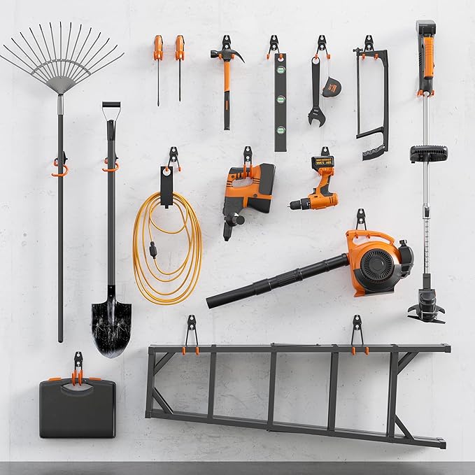 BONTEC Heavy Duty Garage Hooks, Anti-Slip Coated Black Steel with Strong Load Capacity, Multi-Sized U and J Hooks, Easy Wall Mount for Garage, Garden, Workshop (Orange, 18 Pack)