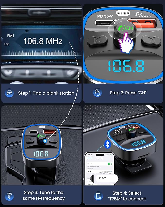 LENCENT Bluetooth 5.4 FM Transmitter Car Adapter 48W [PD 30W & 18W] [7 Color Light] [Fast Charging] Wireless Radio Music Adapter Hands-Free Calling, Support USB Drive & TF Card