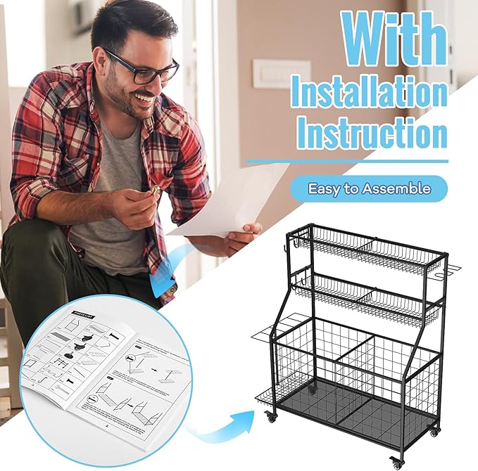 WUC Sports Equipment Organizer - Garage Ball Storage Rack with Basket, Hooks and Rolling Cart for Toy Sports Gear Storage, Black