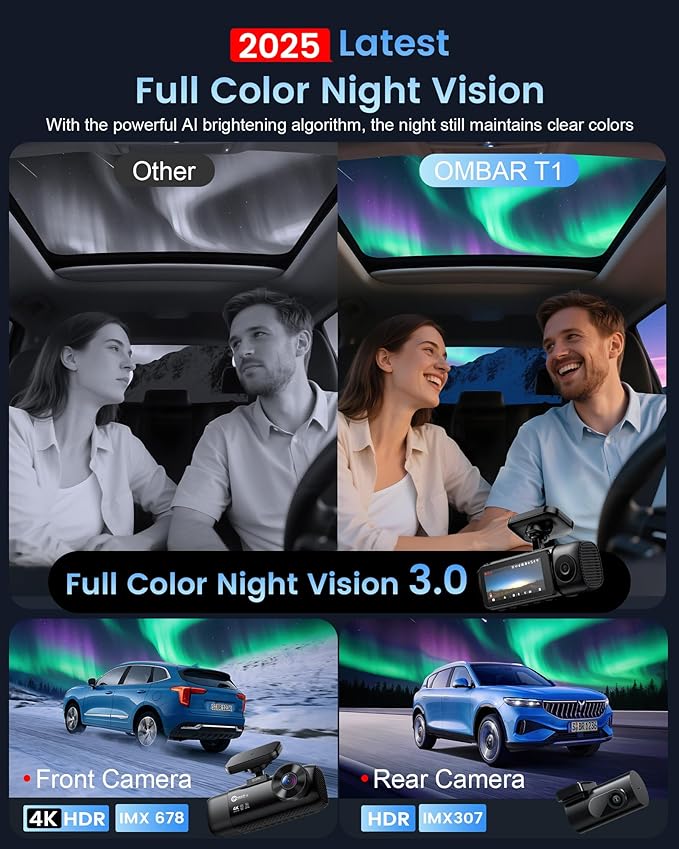 OMBAR T1 4K 3 Channel Dash Cam, STARVIS 2 IMX678 Sensors, Free 128GB Card, 2025 New Full Color HDR Night Vision, 4K+1080P+1080P Triple Car Camera,5G WiFi, 24H Parking Mode, Support 512GB Max