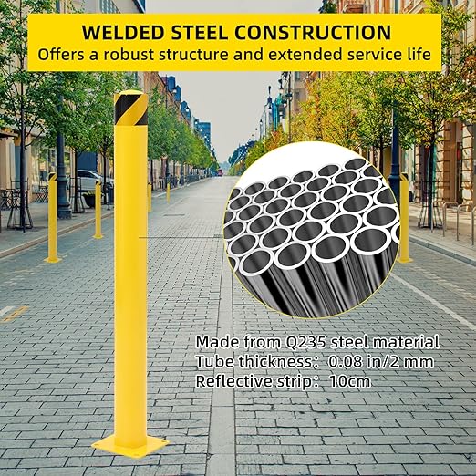 Safety Bollard 2 Packs, 48 Inch Height Steel Bollard Post for Parking Lot, 4.5 Inch Diameter Pipe, Yellow Safety Bollard Post with 16 Anchor Bolts, Ideal for Traffic-Sensitive Areas, Driveway Barrier