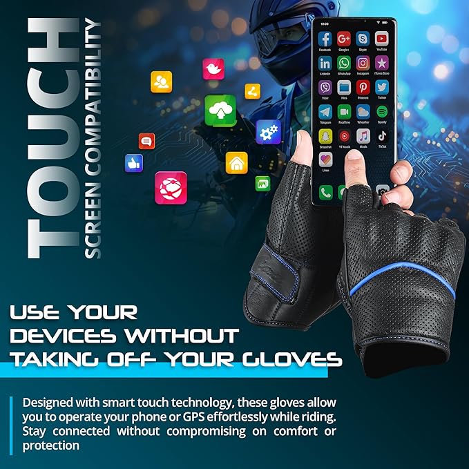 aasportx Motorcycle Gloves - Men's Leather Motorbike Gloves with Touchscreen Function - Non-Slip Pads for Men & Women