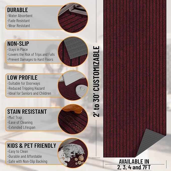 Ottomanson 2' x 9' Hallway Runner with Scraper Pile - Extra Durable Non-Slip Rug Mat for Indoor & Outdoor Use - Ideal for Kitchen, Entryway, Patio & Garage - High-Traffic Carpet, Red
