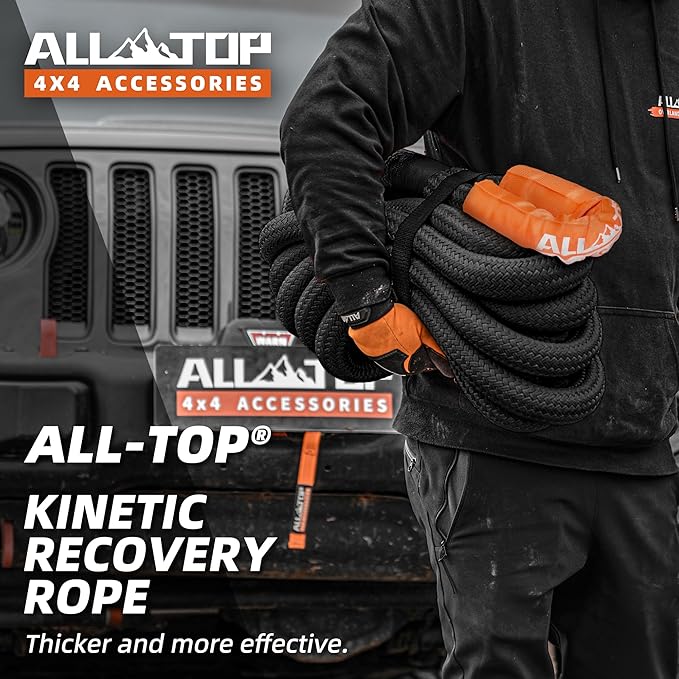 ALL-TOP Kinetic Recovery Rope Kit w/ 2 Soft Shackles, 83000Lbs, 1.5in x 30ft, Heavy Duty 30+% Elasticity, 27600Lbs Work Load Limit for 4x4 Offroad Vehicle(Black)