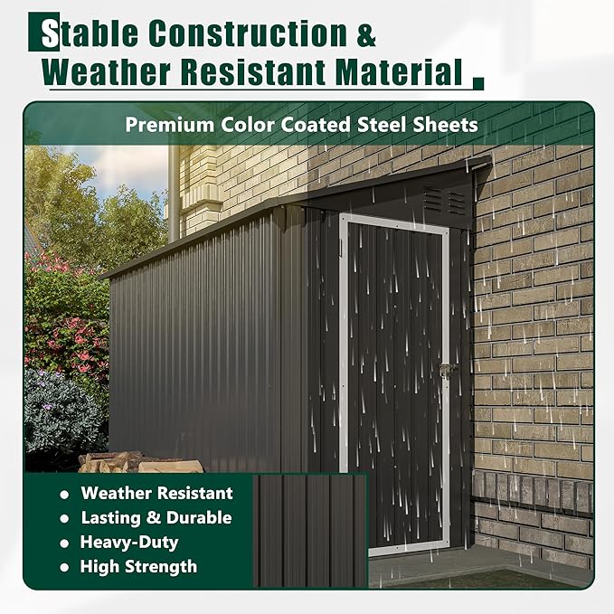 4x8 FT Outdoor Storage Shed,Lean to Metal Shed W/Floor Included,Garden Storage Shed W/Lockable Door,All Weather Waterproof Tool House W/ 2 Air Vents,for Backyard,Patio,Lawn,Garden,Black