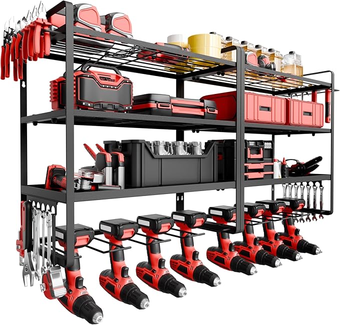 NINAT Heavy Duty 4-Tier Wall Mount Tool Organizer Rack - 8 Drill Holders, 150lb Capacity for Power Tools, Cordless Drills | Garage, Workshop, Shed & Basement Storage Solution