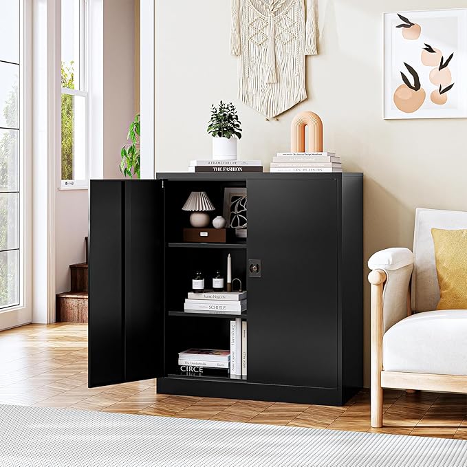 Metal Storage Cabinet, Lockable Storage Cabinet with 2 Doors and Shelves, Metal Cabinet with Lock, Small Lockable Metal Cabinet for Home Office(Black)