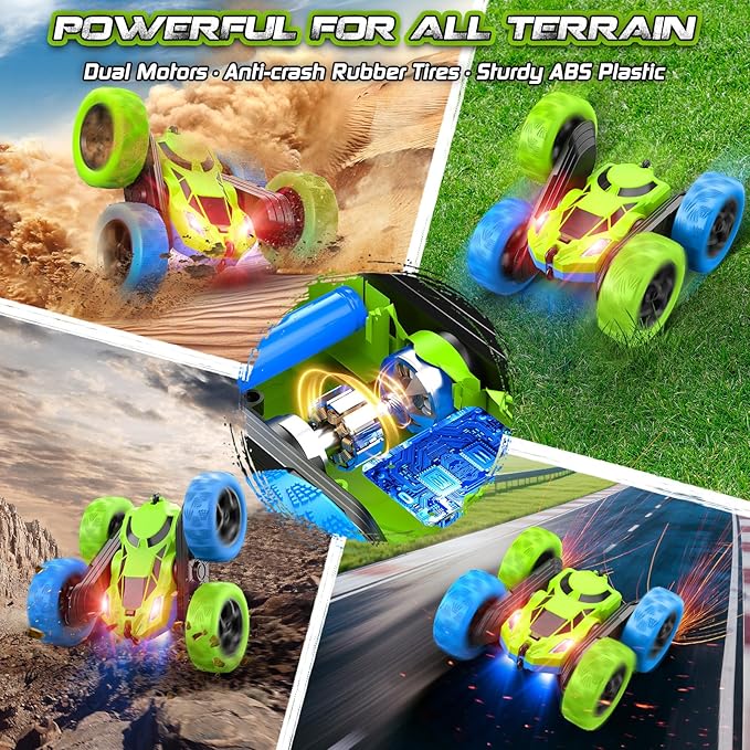 cosone Remote Control Car Toys for Boys - 4WD 2.4Ghz Double Sided 360° Rotating All Terrain RC Cars with Cool Lights, Kids Birthday for Boys-Blue&Green