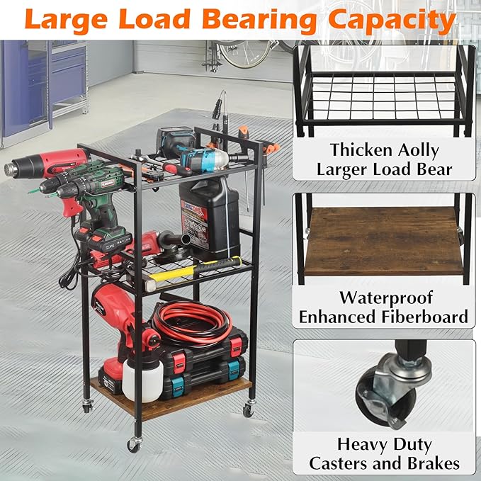MUTUACTOR Heavy Duty Garage Tools Organizer Cart,3-Tier Rolling Utility Tool Chest with Electric Impacts Rack,Large Load-Bearing Shelf Storage Metal Rack Tool Cart with Wheel for Organizer and Storage