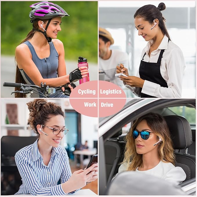 Bluetooth Headset, Wireless Bluetooth 5.3 Earpiece, 90Hrs Hands Free Headset with APTX HD Audio & Mute Button, Dual Noise Cancelling Mics, Single-Ear Headphone for Trucker/Business/Gym/Pink