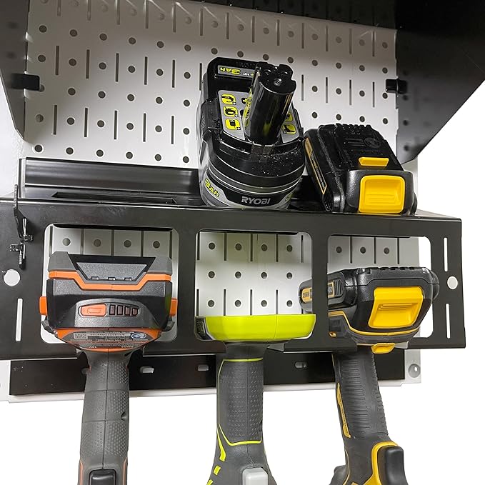 Wall Control Power Tool Storage Organizer Kit Cordless Drill Holder Charging Station Rack 16” x 32” Metal Pegboard Organization System (Pink Pegboard)