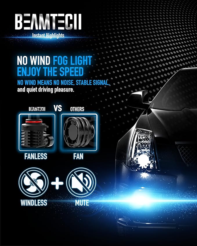BEAMTECH 9005 9006 Fog Light Bulbs, Fanless in Line 6500K Light Bulb Pack of 4
