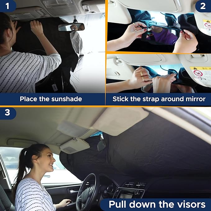 EcoNour Mirror Cut Foldable Windshield Sun Shade for Car | 240T UV & Heat Reflective Sunshade with Storage Pouch | Keeps Interior Cool | Fits Most Sedans, SUVs & Trucks – Medium (64" x 32")