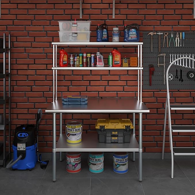 Amgood Stainless Steel Work Table Double Tier Overshelf | Metal Kitchen Prep Table & Shelving Combo (30" x 48" Work Table + 12" Overshelf)